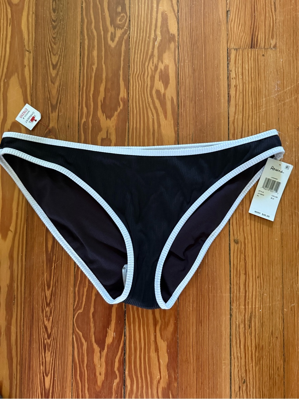 Raisins Women's Swimsuit Bikini Bottom Black Ribbed With White Trim Size XL NWT